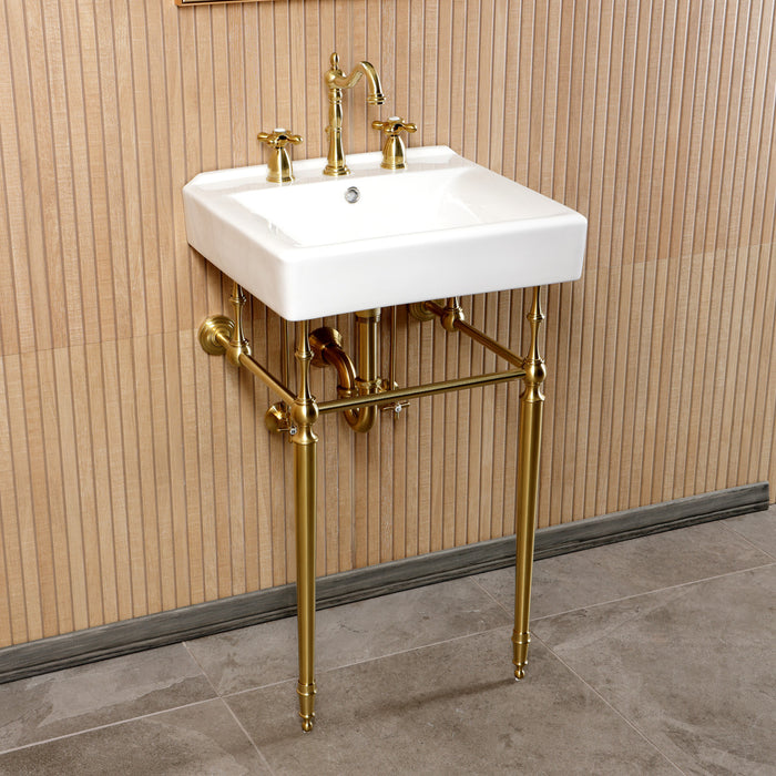 Kingston Heirloom CKVPB2018W87 - Edwardian 20-Inch Porcelain Console Sink Set with Widespread Bathroom Faucet and Plumbing Trim Kit (8-Inch, 3-Hole), White/Brushed Brass