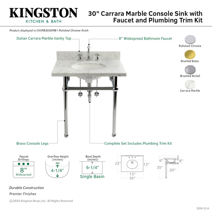 Kingston Heirloom CKVPB3030MB1 - Templeton 30-Inch Carrara Marble Console Sink Set with Widespread Bathroom Faucet and Plumbing Trim Kit (8-Inch, 3-Hole), Carrara Marble White/Polished Chrome
