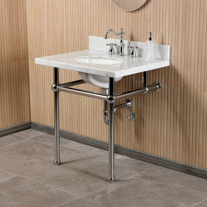 Kingston Heirloom CKVPB3030MB1 - Templeton 30-Inch Carrara Marble Console Sink Set with Widespread Bathroom Faucet and Plumbing Trim Kit (8-Inch, 3-Hole), Carrara Marble White/Polished Chrome