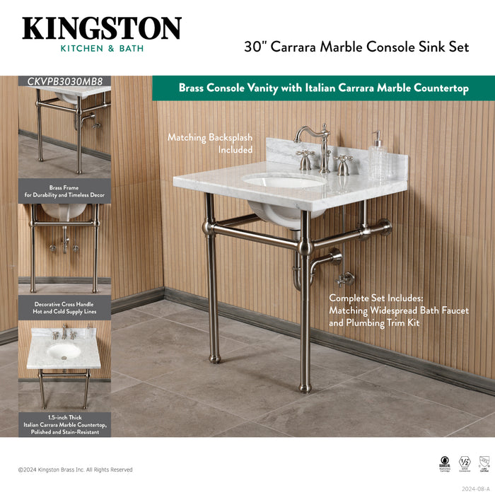 Kingston Heirloom CKVPB3030MB7 - Templeton 30-Inch Carrara Marble Console Sink Set with Widespread Bathroom Faucet and Plumbing Trim Kit (8-Inch, 3-Hole), Carrara Marble White/Brushed Brass
