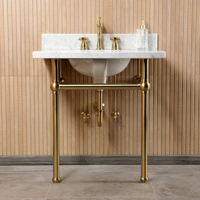 Kingston Heirloom CKVPB3030MB7 - Templeton 30-Inch Carrara Marble Console Sink Set with Widespread Bathroom Faucet and Plumbing Trim Kit (8-Inch, 3-Hole), Carrara Marble White/Brushed Brass
