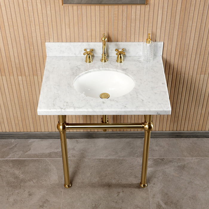 Kingston Heirloom CKVPB3030MB7 - Templeton 30-Inch Carrara Marble Console Sink Set with Widespread Bathroom Faucet and Plumbing Trim Kit (8-Inch, 3-Hole), Carrara Marble White/Brushed Brass