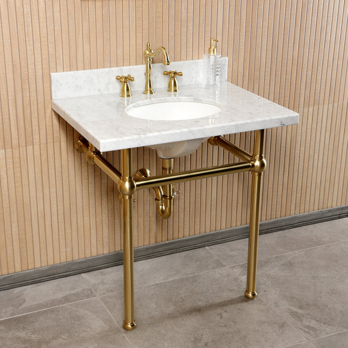 Kingston Heirloom CKVPB3030MB7 - Templeton 30-Inch Carrara Marble Console Sink Set with Widespread Bathroom Faucet and Plumbing Trim Kit (8-Inch, 3-Hole), Carrara Marble White/Brushed Brass