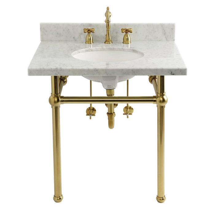 Kingston Heirloom CKVPB3030MB7 - Templeton 30-Inch Carrara Marble Console Sink Set with Widespread Bathroom Faucet and Plumbing Trim Kit (8-Inch, 3-Hole), Carrara Marble White/Brushed Brass