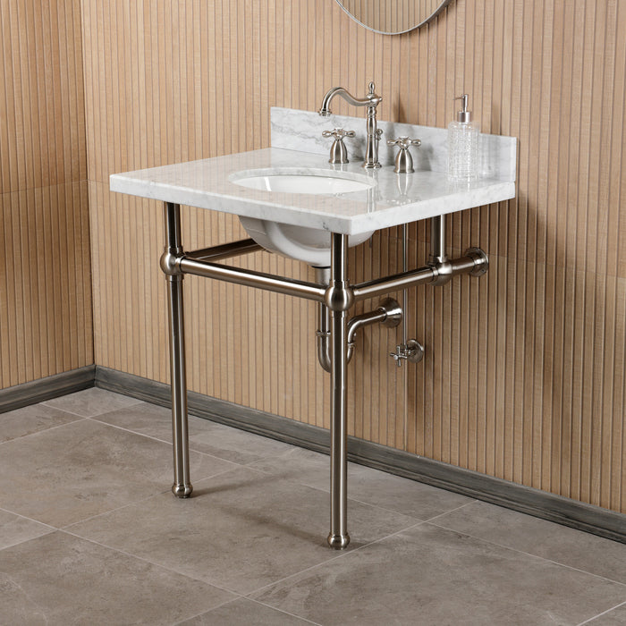 Kingston Heirloom CKVPB3030MB8 - Templeton 30-Inch Carrara Marble Console Sink Set with Widespread Bathroom Faucet and Plumbing Trim Kit (8-Inch, 3-Hole), Carrara Marble White/Brushed Nickel