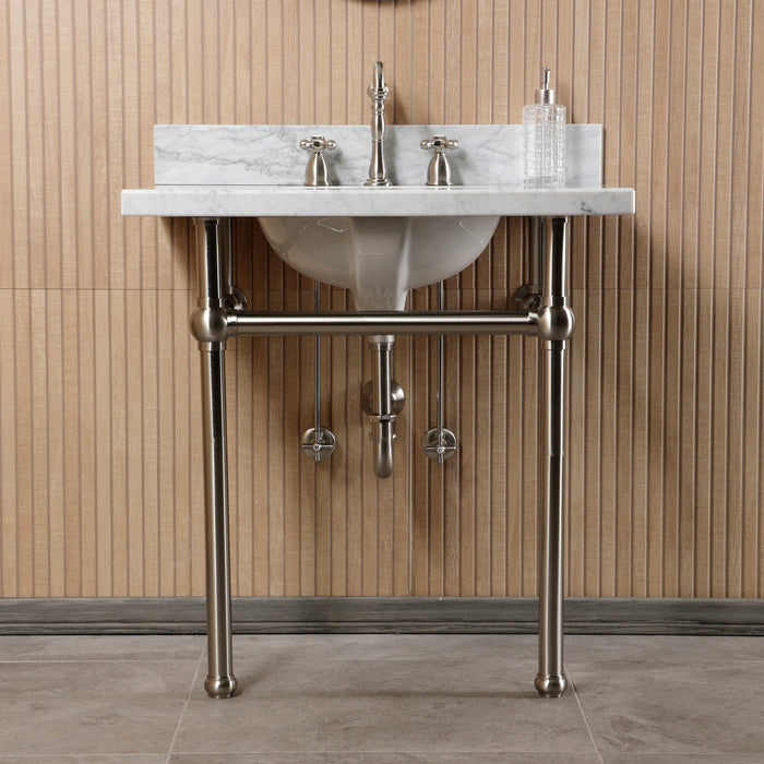 Kingston Heirloom CKVPB3030MB8 - Templeton 30-Inch Carrara Marble Console Sink Set with Widespread Bathroom Faucet and Plumbing Trim Kit (8-Inch, 3-Hole), Carrara Marble White/Brushed Nickel