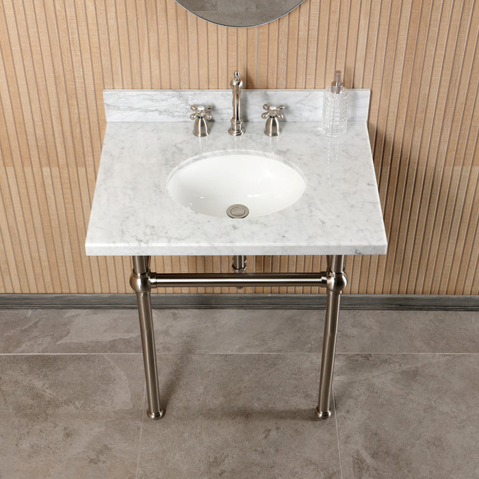 Kingston Heirloom CKVPB3030MB8 - Templeton 30-Inch Carrara Marble Console Sink Set with Widespread Bathroom Faucet and Plumbing Trim Kit (8-Inch, 3-Hole), Carrara Marble White/Brushed Nickel