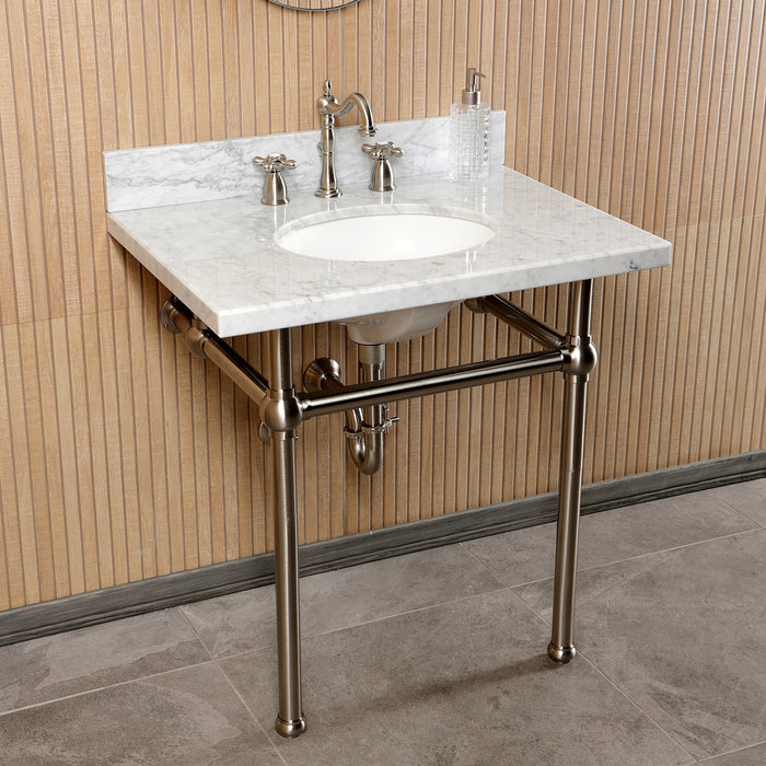 Kingston Heirloom CKVPB3030MB8 - Templeton 30-Inch Carrara Marble Console Sink Set with Widespread Bathroom Faucet and Plumbing Trim Kit (8-Inch, 3-Hole), Carrara Marble White/Brushed Nickel