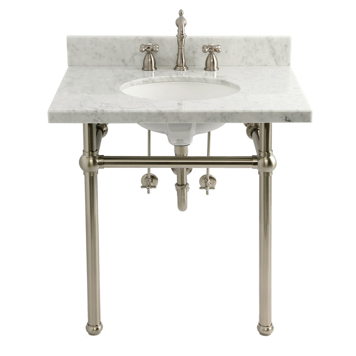 Kingston Heirloom CKVPB3030MB8 - Templeton 30-Inch Carrara Marble Console Sink Set with Widespread Bathroom Faucet and Plumbing Trim Kit (8-Inch, 3-Hole), Carrara Marble White/Brushed Nickel