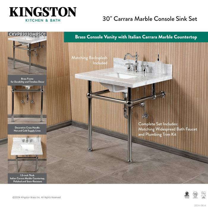 Kingston Heirloom CKVPB3030MBSQ1 - Templeton 30-Inch Carrara Marble Console Sink Set with Widespread Bathroom Faucet and Plumbing Trim Kit (8-Inch, 3-Hole), Carrara Marble White/Polished Chrome