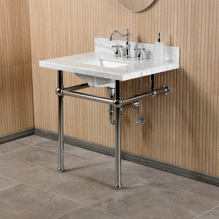 Kingston Heirloom CKVPB3030MBSQ1 - Templeton 30-Inch Carrara Marble Console Sink Set with Widespread Bathroom Faucet and Plumbing Trim Kit (8-Inch, 3-Hole), Carrara Marble White/Polished Chrome