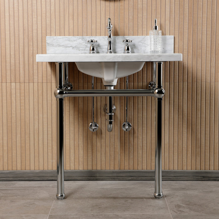 Kingston Heirloom CKVPB3030MBSQ1 - Templeton 30-Inch Carrara Marble Console Sink Set with Widespread Bathroom Faucet and Plumbing Trim Kit (8-Inch, 3-Hole), Carrara Marble White/Polished Chrome