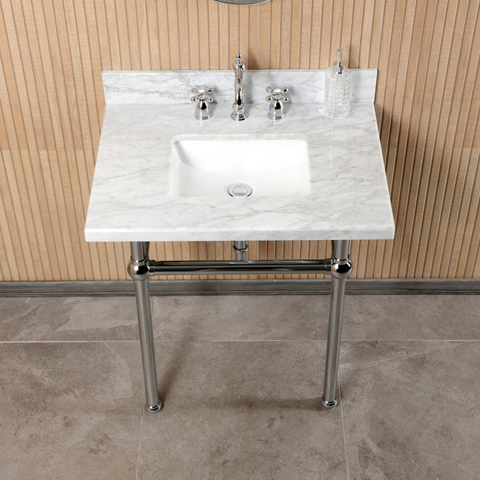 Kingston Heirloom CKVPB3030MBSQ1 - Templeton 30-Inch Carrara Marble Console Sink Set with Widespread Bathroom Faucet and Plumbing Trim Kit (8-Inch, 3-Hole), Carrara Marble White/Polished Chrome