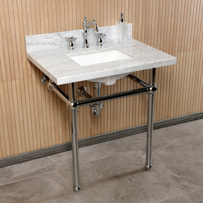 Kingston Heirloom CKVPB3030MBSQ1 - Templeton 30-Inch Carrara Marble Console Sink Set with Widespread Bathroom Faucet and Plumbing Trim Kit (8-Inch, 3-Hole), Carrara Marble White/Polished Chrome