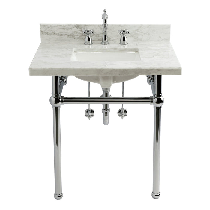 Kingston Heirloom CKVPB3030MBSQ1 - Templeton 30-Inch Carrara Marble Console Sink Set with Widespread Bathroom Faucet and Plumbing Trim Kit (8-Inch, 3-Hole), Carrara Marble White/Polished Chrome