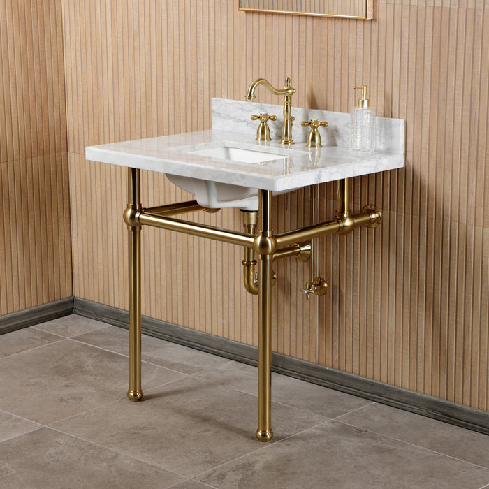 Kingston Heirloom CKVPB3030MBSQ7 - Templeton 30-Inch Carrara Marble Console Sink Set with Widespread Bathroom Faucet and Plumbing Trim Kit (8-Inch, 3-Hole), Carrara Marble White/Brushed Brass