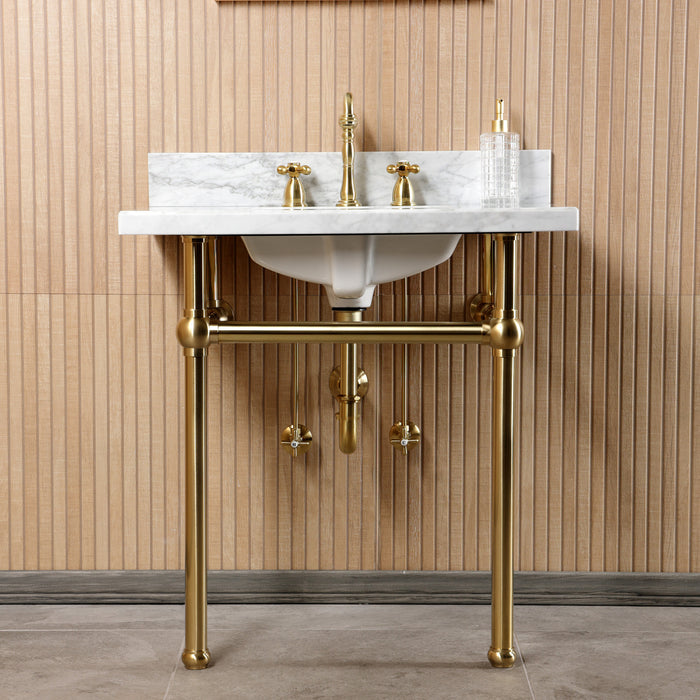 Kingston Heirloom CKVPB3030MBSQ7 - Templeton 30-Inch Carrara Marble Console Sink Set with Widespread Bathroom Faucet and Plumbing Trim Kit (8-Inch, 3-Hole), Carrara Marble White/Brushed Brass