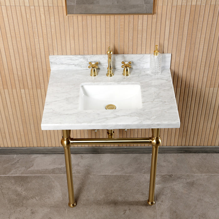 Kingston Heirloom CKVPB3030MBSQ7 - Templeton 30-Inch Carrara Marble Console Sink Set with Widespread Bathroom Faucet and Plumbing Trim Kit (8-Inch, 3-Hole), Carrara Marble White/Brushed Brass