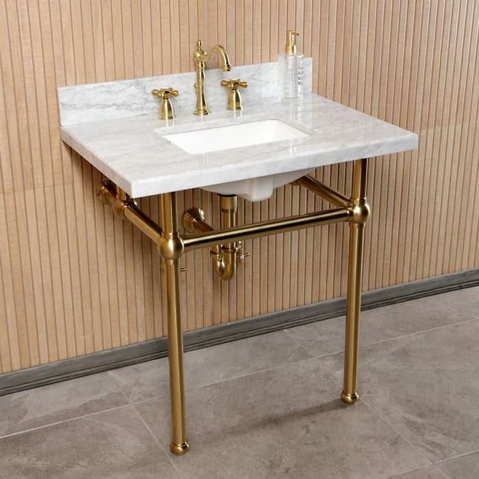 Kingston Heirloom CKVPB3030MBSQ7 - Templeton 30-Inch Carrara Marble Console Sink Set with Widespread Bathroom Faucet and Plumbing Trim Kit (8-Inch, 3-Hole), Carrara Marble White/Brushed Brass