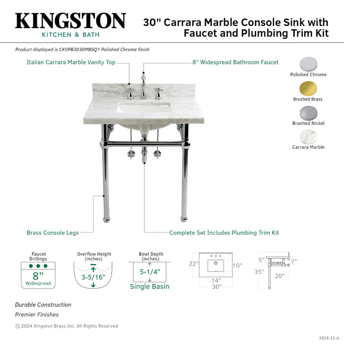 Kingston Heirloom CKVPB3030MBSQ8 - Templeton 30-Inch Carrara Marble Console Sink Set with Widespread Bathroom Faucet and Plumbing Trim Kit (8-Inch, 3-Hole), Carrara Marble White/Brushed Nickel