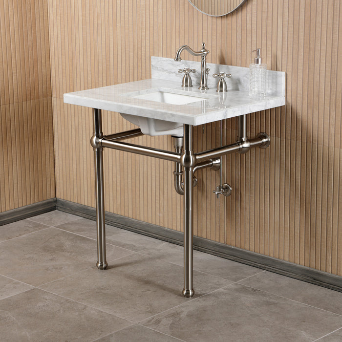 Kingston Heirloom CKVPB3030MBSQ8 - Templeton 30-Inch Carrara Marble Console Sink Set with Widespread Bathroom Faucet and Plumbing Trim Kit (8-Inch, 3-Hole), Carrara Marble White/Brushed Nickel