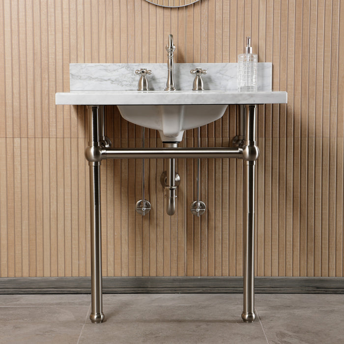 Kingston Heirloom CKVPB3030MBSQ8 - Templeton 30-Inch Carrara Marble Console Sink Set with Widespread Bathroom Faucet and Plumbing Trim Kit (8-Inch, 3-Hole), Carrara Marble White/Brushed Nickel