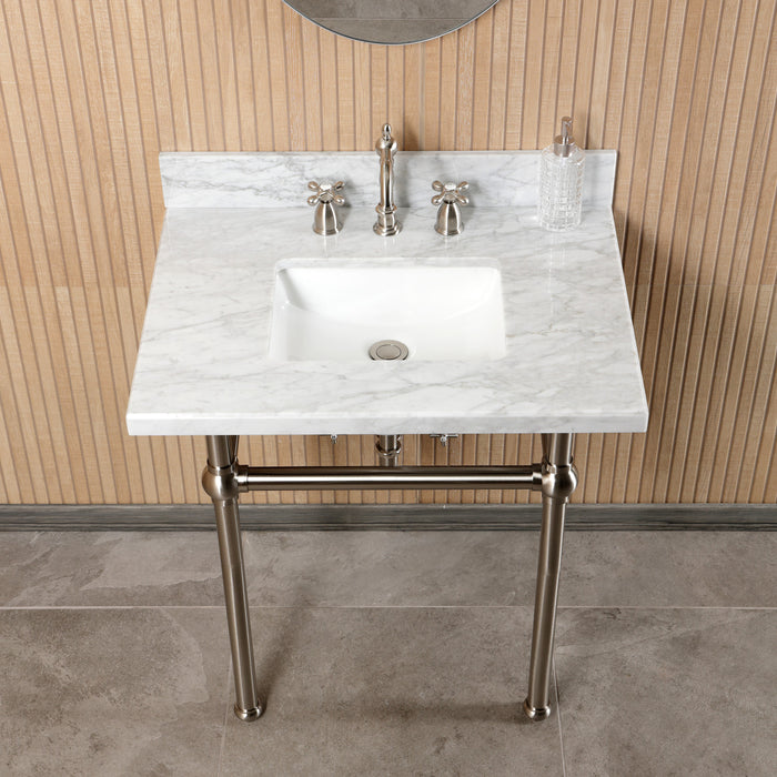Kingston Heirloom CKVPB3030MBSQ8 - Templeton 30-Inch Carrara Marble Console Sink Set with Widespread Bathroom Faucet and Plumbing Trim Kit (8-Inch, 3-Hole), Carrara Marble White/Brushed Nickel
