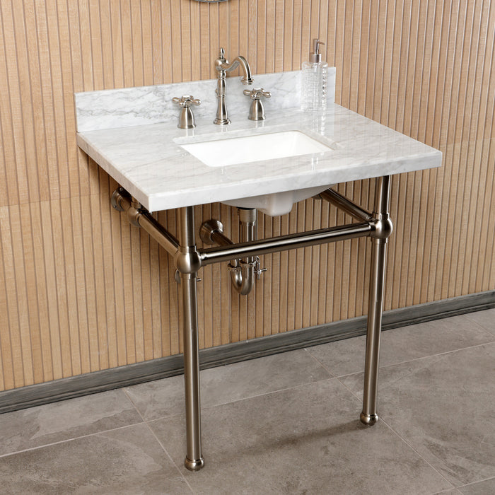 Kingston Heirloom CKVPB3030MBSQ8 - Templeton 30-Inch Carrara Marble Console Sink Set with Widespread Bathroom Faucet and Plumbing Trim Kit (8-Inch, 3-Hole), Carrara Marble White/Brushed Nickel