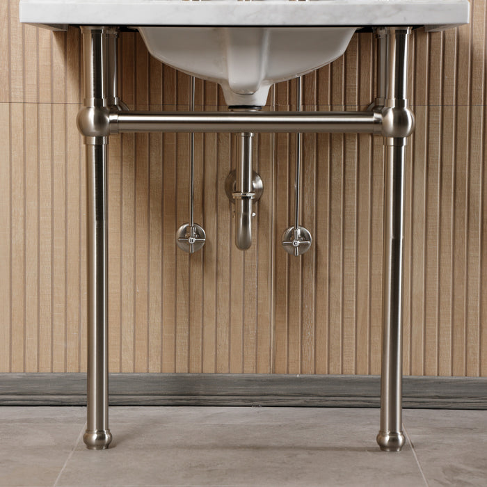 Kingston Heirloom CKVPB3030MBSQ8 - Templeton 30-Inch Carrara Marble Console Sink Set with Widespread Bathroom Faucet and Plumbing Trim Kit (8-Inch, 3-Hole), Carrara Marble White/Brushed Nickel