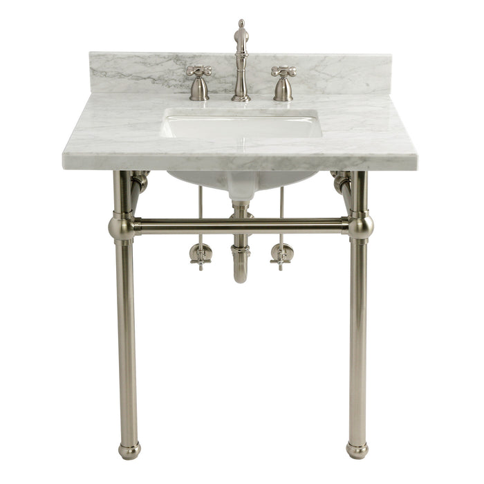 Kingston Heirloom CKVPB3030MBSQ8 - Templeton 30-Inch Carrara Marble Console Sink Set with Widespread Bathroom Faucet and Plumbing Trim Kit (8-Inch, 3-Hole), Carrara Marble White/Brushed Nickel