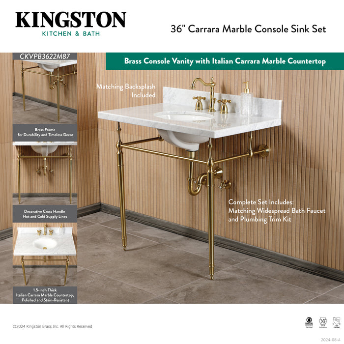 Edwardian CKVPB3622M81 36-Inch Carrara Marble Console Sink Set with Widespread Bathroom Faucet and Plumbing Trim Kit (8-Inch, 3-Hole), Carrara Marble White/Polished Chrome