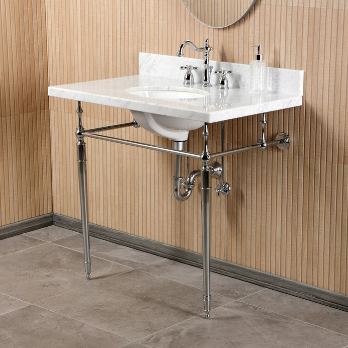 Edwardian CKVPB3622M81 36-Inch Carrara Marble Console Sink Set with Widespread Bathroom Faucet and Plumbing Trim Kit (8-Inch, 3-Hole), Carrara Marble White/Polished Chrome