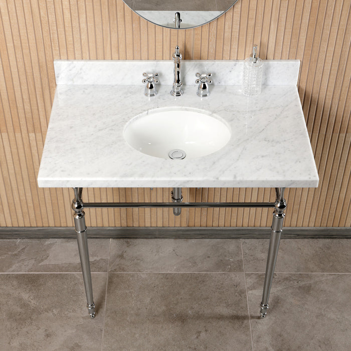 Edwardian CKVPB3622M81 36-Inch Carrara Marble Console Sink Set with Widespread Bathroom Faucet and Plumbing Trim Kit (8-Inch, 3-Hole), Carrara Marble White/Polished Chrome