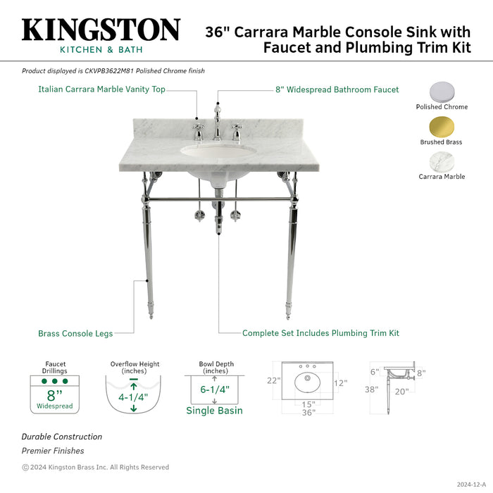 Kingston Heirloom CKVPB3622M87 - Edwardian 36-Inch Carrara Marble Console Sink Set with Widespread Bathroom Faucet and Plumbing Trim Kit (8-Inch, 3-Hole), Carrara Marble White/Brushed Brass