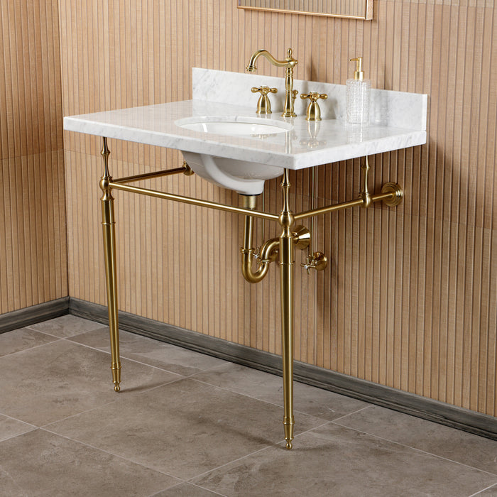 Kingston Heirloom CKVPB3622M87 - Edwardian 36-Inch Carrara Marble Console Sink Set with Widespread Bathroom Faucet and Plumbing Trim Kit (8-Inch, 3-Hole), Carrara Marble White/Brushed Brass