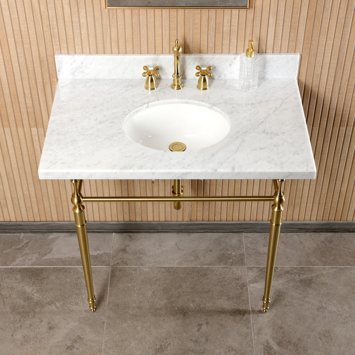 Kingston Heirloom CKVPB3622M87 - Edwardian 36-Inch Carrara Marble Console Sink Set with Widespread Bathroom Faucet and Plumbing Trim Kit (8-Inch, 3-Hole), Carrara Marble White/Brushed Brass