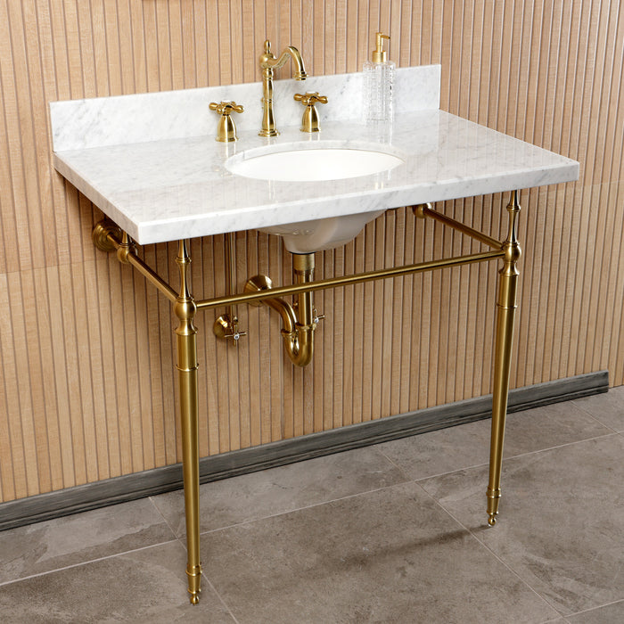 Kingston Heirloom CKVPB3622M87 - Edwardian 36-Inch Carrara Marble Console Sink Set with Widespread Bathroom Faucet and Plumbing Trim Kit (8-Inch, 3-Hole), Carrara Marble White/Brushed Brass
