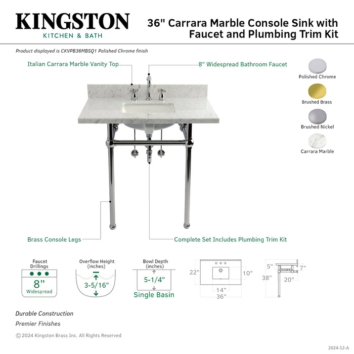 Kingston Heirloom CKVPB36MBSQ1 - Templeton 36-Inch Carrara Marble Console Sink Set with Widespread Bathroom Faucet and Plumbing Trim Kit (8-Inch, 3-Hole), Carrara Marble White/Polished Chrome