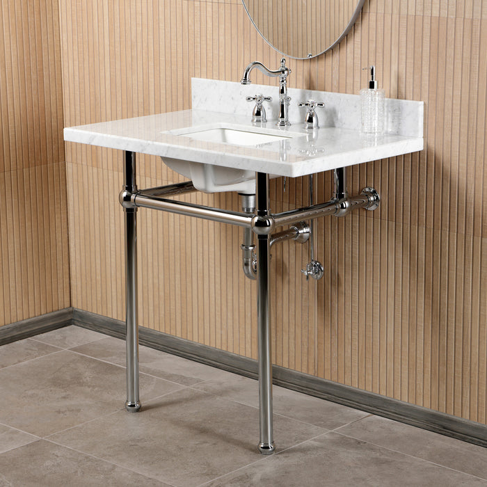 Kingston Heirloom CKVPB36MBSQ1 - Templeton 36-Inch Carrara Marble Console Sink Set with Widespread Bathroom Faucet and Plumbing Trim Kit (8-Inch, 3-Hole), Carrara Marble White/Polished Chrome