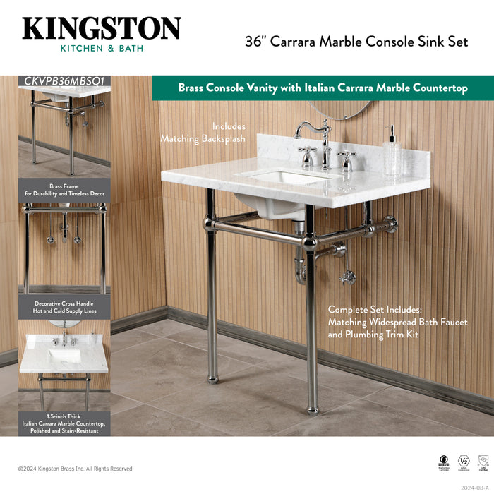 Kingston Heirloom CKVPB36MBSQ7 - Templeton 36-Inch Carrara Marble Console Sink Set with Widespread Bathroom Faucet and Plumbing Trim Kit (8-Inch, 3-Hole), Carrara Marble White/Brushed Brass