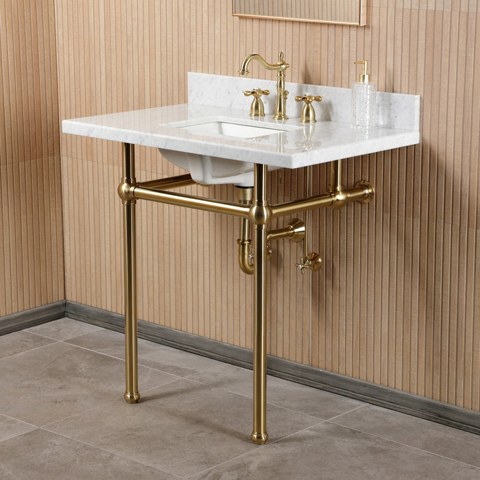 Kingston Heirloom CKVPB36MBSQ7 - Templeton 36-Inch Carrara Marble Console Sink Set with Widespread Bathroom Faucet and Plumbing Trim Kit (8-Inch, 3-Hole), Carrara Marble White/Brushed Brass