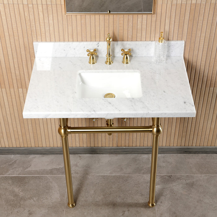 Kingston Heirloom CKVPB36MBSQ7 - Templeton 36-Inch Carrara Marble Console Sink Set with Widespread Bathroom Faucet and Plumbing Trim Kit (8-Inch, 3-Hole), Carrara Marble White/Brushed Brass