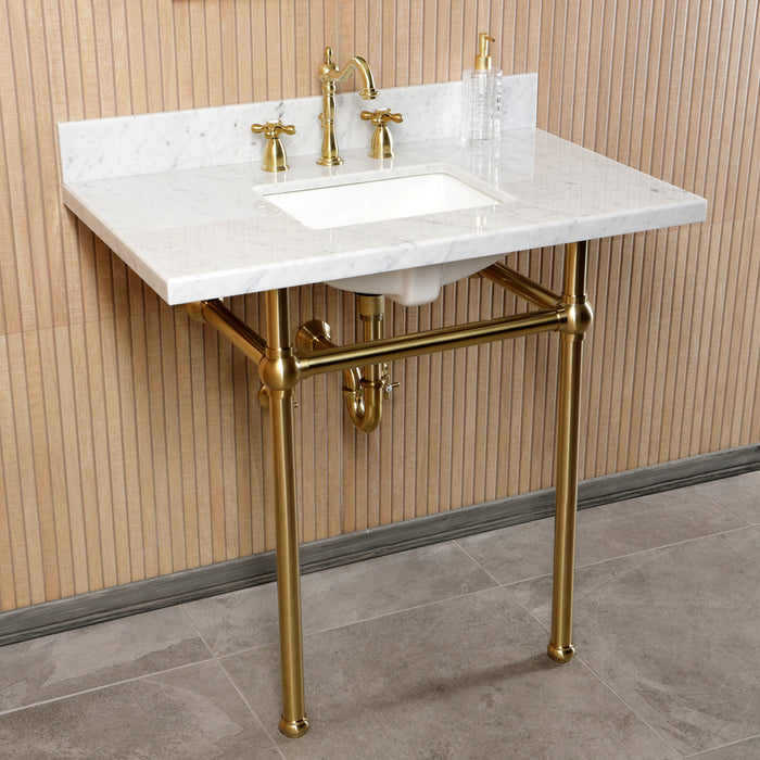 Kingston Heirloom CKVPB36MBSQ7 - Templeton 36-Inch Carrara Marble Console Sink Set with Widespread Bathroom Faucet and Plumbing Trim Kit (8-Inch, 3-Hole), Carrara Marble White/Brushed Brass