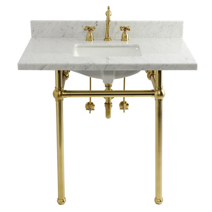 Kingston Heirloom CKVPB36MBSQ7 - Templeton 36-Inch Carrara Marble Console Sink Set with Widespread Bathroom Faucet and Plumbing Trim Kit (8-Inch, 3-Hole), Carrara Marble White/Brushed Brass