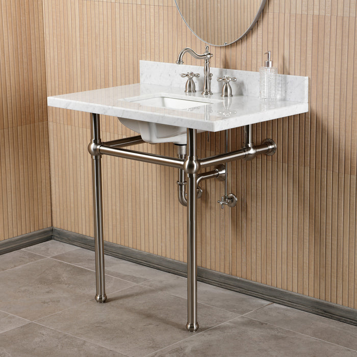 Kingston Heirloom CKVPB36MBSQ8 - Templeton 36-Inch Carrara Marble Console Sink Set with Widespread Bathroom Faucet and Plumbing Trim Kit (8-Inch, 3-Hole), Carrara Marble White/Brushed Nickel