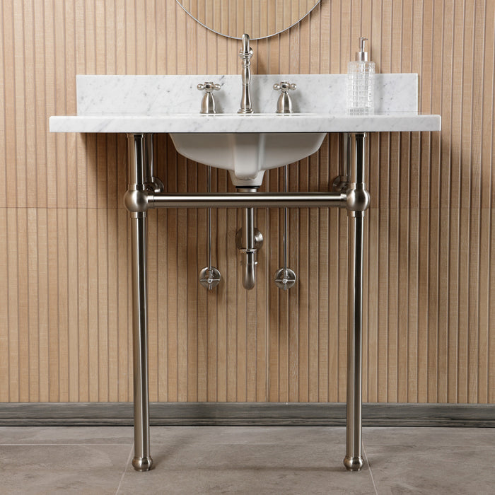 Kingston Heirloom CKVPB36MBSQ8 - Templeton 36-Inch Carrara Marble Console Sink Set with Widespread Bathroom Faucet and Plumbing Trim Kit (8-Inch, 3-Hole), Carrara Marble White/Brushed Nickel