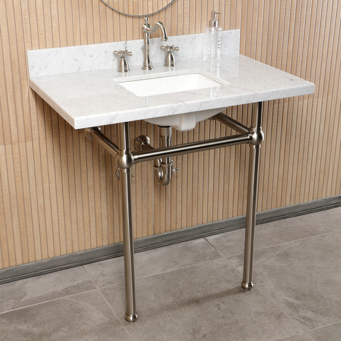 Kingston Heirloom CKVPB36MBSQ8 - Templeton 36-Inch Carrara Marble Console Sink Set with Widespread Bathroom Faucet and Plumbing Trim Kit (8-Inch, 3-Hole), Carrara Marble White/Brushed Nickel