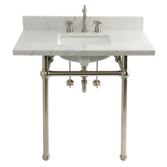 Kingston Heirloom CKVPB36MBSQ8 - Templeton 36-Inch Carrara Marble Console Sink Set with Widespread Bathroom Faucet and Plumbing Trim Kit (8-Inch, 3-Hole), Carrara Marble White/Brushed Nickel