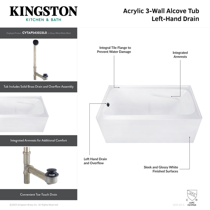 Kingston Tulare CVTAP543023L0 - Aqua Eden 54-Inch Acrylic Rectangular 3-Wall Alcove Tub Combo with Armrests and Waste and Overflow Drain (Left Hand Drain), Glossy White/Matte Black