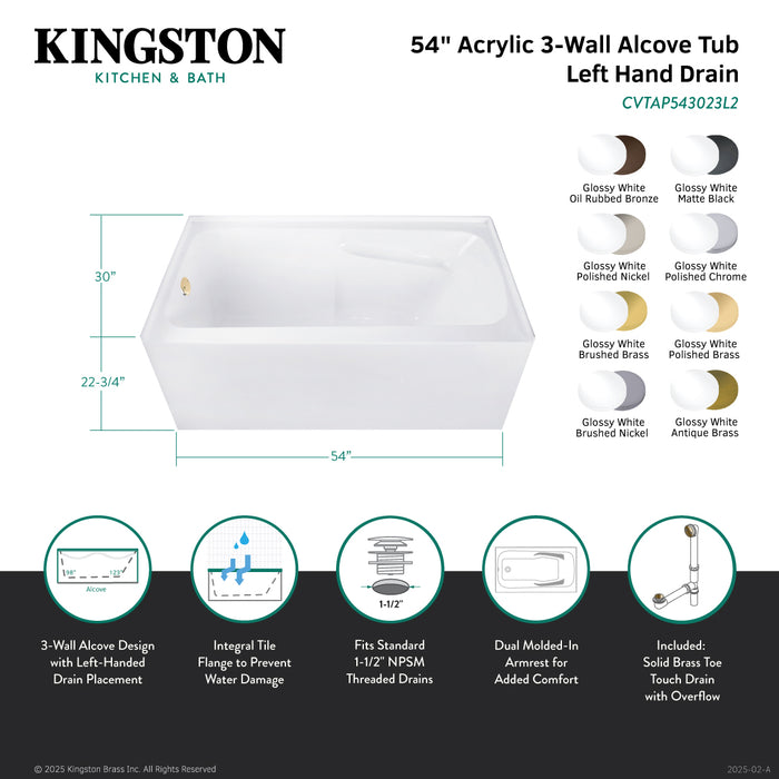Kingston Tulare CVTAP543023L5 - Aqua Eden 54-Inch Acrylic Rectangular 3-Wall Alcove Tub Combo with Armrests and Waste and Overflow Drain (Left Hand Drain), Glossy White/Oil Rubbed Bronze